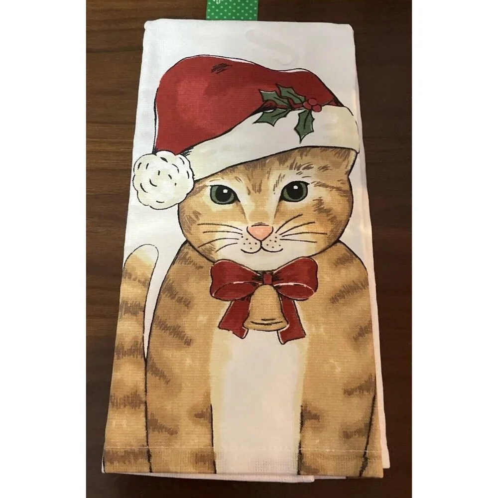 Sleigh Bell Bistro Santa Cat Christmas Holiday Kitchen Tea‎ Towel 16 X 26 NEW